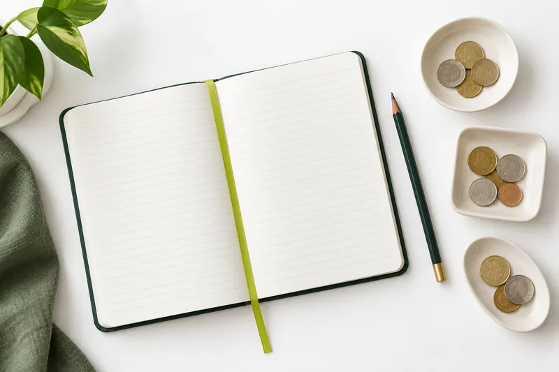 Cuaderno, lápiz verde y monedas organizadas en tres recipientes sobre una mesa blanca